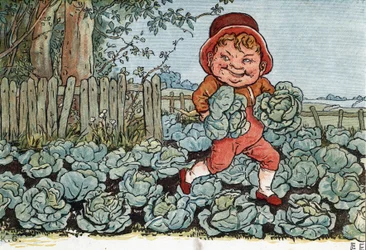 Skřítek krade zelí ze zeleninové zahrady. Ilustrace Kate Greenawayové (1846-1901) z knihy pohádek a dětských říkanek pro děti «Under The Window» (1879), kterou vydal Edmund Evans.