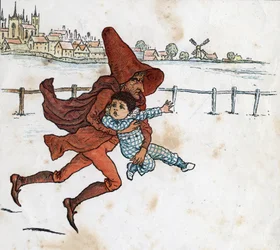 Skřítek si vezme malé dítě. Ilustrace Kate Greenaway (1846-1901) z dětské pohádkové knížky „Pod oknem“ (1879), kterou upravil Edmund Evans.