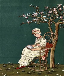 Holčička čte pod šeříkem. Ilustrace Kate Greenaway (1846-1901) z knihy pohádek a dětských říkanek pro děti „Pod oknem“ (1879), kterou upravil Edmund Evans.