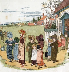 Ze školy. Ilustrace Kate Greenaway (1846-1901) z knihy pohádek a dětských říkanek pro děti „Pod oknem“ (1879), kterou upravil Edmund Evans.