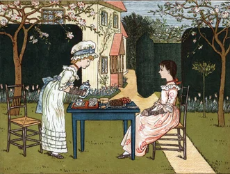 Denní doba: dvě mladé dívky, které to ochutnávají na zahradě. Ilustrace Kate Greenaway (1846-1901) z knihy pohádek a dětských říkanek pro děti „Pod oknem“ (1879), kterou upravil Edmund Evans.