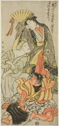 Herec Ichikawa Komazô III jako Nyosan no Miya (Třetí princezna), Ukare Zatô (Slepý pouliční umělec) a Sakata no Kaidô-maru v "Rozšířeném letním festivalu" ("Zôho natsu matsuri").