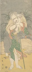 Asao Tamejuro jako šedovlasý stařík v roztrhaných šatech, ca. 1789.