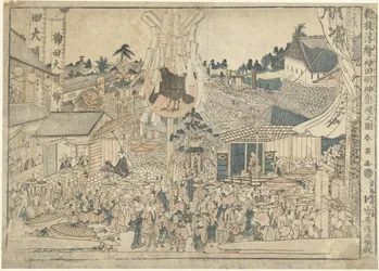 Pohled na festival ve svatyni Myojin v Kanda Kanda Myojin sairei no zu (název na objektu) Nová čísla perspektivních tisků Shinpan uki-e (název série na objektu)
