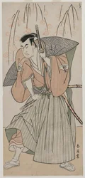 Onoe Matsusuke I jako samuraj stojící pod třešní, konec 80. let 18. století.