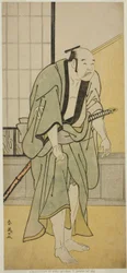 Herec Asao Tamejuro I. jako opilý Gotobei ve hře Yoshitsune Koshigoe Jo, která se hrála v divadle Ichimura v devátém měsíci roku 1790