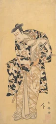Herec Ichikawa Yaozo III jako Fuwa Banzaemon v hromovém rouchu, hraní s ventilátorem, 1794.