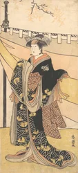 Herec Nakayama Tomisaburo jako žena na pikniku pod podzimními javory, ca. 1792.