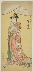 Herec Jamašita Kinsaku II. v roli služebné Tsumagi ve hře "Otokyama O-Edo no Ishizue", která se hrála v divadle Kiri jedenáctého měsíce roku 1794.