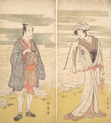 Dva herci: Čtvrtý Matsumoto Koshiro jako muž oblečený v krátkém kimonu [vlevo], 1779.