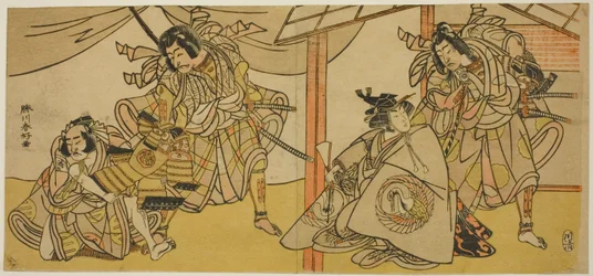 Pravá strana: Segawa Kikunojo IV jako Onna Asahina (vlevo), ve hře Ume-goyomi Akebono Soga; levá strana: herci Bando Hikosaburo III jako Soga no Goro (vpravo) a Segawa Kikunojo IV jako Onna Asahina (vlevo): Herci Onoe Matsusuke I jako Furugori Šinzaemon (v