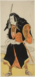 Herec Ichikawa Danjuro V, pravděpodobně jako Ise no Saburo převlečený za Sanjo Uemona, vůdce loupežnické bandy, ve druhé části hry Fude-hajime Kanjincho (První kaligrafie nového roku: Kanjincho [Seznam přispěvatelů]), uvedené v divadle Nakamura