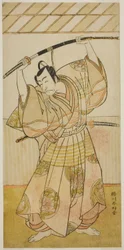 Herec Ičikawa Danjuro V jako Taira no Munekiyo () ze hry Kitekaeru Nishiki no Wakayaka (), hrané v divadle Nakamura () v jedenáctém měsíci roku 1780 ()
