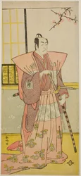 Herec Ičikawa Omezo I. jako Koyurugi Motomenosuke () ve hře Haru no Nishiki Date-zome Soga (), která se hrála v divadle Nakamura () v prvním měsíci roku 1790 ()