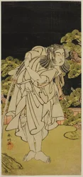 Herec Ichikawa Yaozo II jako Soga no Dozaburo () ve hře Kamuri Kotoba Soga no Yukari (), která se hrála v divadle Ichimura () v prvním měsíci roku 1776 ()