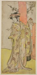 Herec Iwai Hanshiro IV jako Kitsune ga Saki Otama () ve hře Miyakodori Yayoi no Watashi (), která se hrála v divadle Kiri () ve třetím měsíci roku 1787 ()