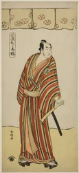 Herec Matsumoto Koshiro IV jako An no Heibei ve hře Edo no Fuji Wakayagi Soga, která se hrála v divadle Nakamura v prvním měsíci roku 1789