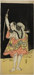 Herec Nakamura Nakazo I. jako Ippei () ve hře Koi Nyobo Somewake Tazuna (), hrané v divadle Ichimura () v osmém měsíci roku 1778 ()