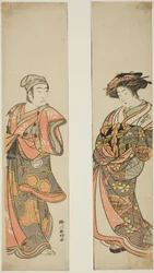 Herec Nakamura Tomijuro I. jako kurtizána (vpravo) a Sawamura Sojuro III. jako Oyamada Taro () převlečený za Tarosaku z vesnice Oyamada (vlevo) ve hře "Azuma no Mori Sakae Kusunoki", která se hrála v divadle Ichimura v jedenáctém měsíci roku 1779.