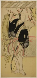 Herec Onoe Matsusuke I. jako Yawata no Saburo () ve hře Edo no Hana Mimasu Soga (), hrané v divadle Nakamura () v prvním měsíci roku 1783 ()