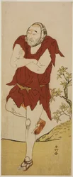 Herec Onoe Matsusuke I. v roli mendikantského mnicha (Gannin Bozu) ve hře Keisei Ide no Yamabuki, která se hrála v divadle Nakamura v pátém měsíci roku 1787