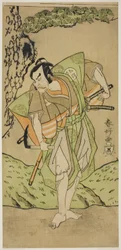 Herec Otani Hiroemon III jako Osada no Zenjo Kagemune ve hře Izu-goyomi Shibai no Ganjitsu (První den představení kalendáře Izu), uváděné v divadle Morita od prvního dne jedenáctého měsíce roku 1772.