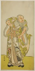 Herec Sakata Hangoro II jako Hige no Ikyu ve hře Shida Yakata Yotsugi no Hikibune, která se hrála v divadle Ichimura v pátém měsíci roku 1782