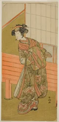 Herec Segawa Kikunojo III jako kurtizána Takamura z Onoteruya () ve hře Sugata no Hana Yuki no Kuromushi (), hrané v divadle Ichimura () v jedenáctém měsíci roku 1776 ()