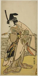 Herec Jamašita Kinsaku II jako paní Kikusui (Kikusui Gozen) ve hře Kaeribana Eiyu Taiheiki, která se hrála v divadle Nakamura v jedenáctém měsíci roku 1779