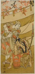 Herci Ichikawa Raizo II jako Kojiro Masahira (vpravo) a Ichikawa Danzo IV jako Doi no Yataro (vlevo) ve hře Kaomise Ama no Iwato, která se hrála v divadle Nakamura v jedenáctém měsíci roku 1774.