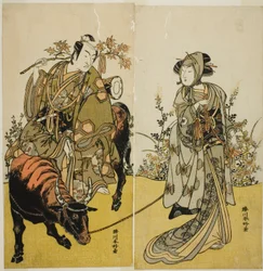 Herci Iwai Hanshiro IV jako Okume (vpravo) a Ichikawa Monnosuke II jako Koshiba Yukienojo v převleku za prodavače Eboshi Rokusabura (vlevo) ve hře Katakiuchi Adana Kashiku, která se hrála v divadle Nakamura v sedmém měsíci roku 1779.