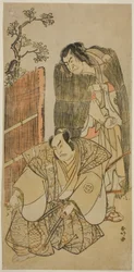 Herci Nakamura Nakazo I. jako Kagekiyo oblečený jako žebrák (vpravo) a Otani Hiroji III. jako Onio Shinzaemon (vlevo) ve hře Kotobuki Banzei Soga, která se hrála v divadle Ichimura ve třetím měsíci roku 1783.