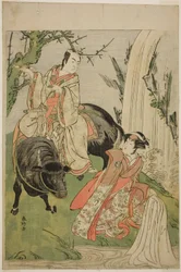 Herci Segawa Kikunojo III jako princezna Hatsune (Hatsune Hime) (vpravo) a Ičikawa Monnosuke II jako Mijukinosuke Jukinari ve hře Otokojama Furisode Gendži, která se hrála v divadle Kiri v jedenáctém měsíci roku 1785.