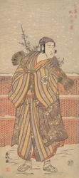 Matsumoto Sumezo jako muž v zimním oblečení stojící ve sněhu, ca. 1785-90.