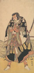 Herec Ichikawa Danjuro V jako válečník poblíž mořského pobřeží, ca. 1790.
