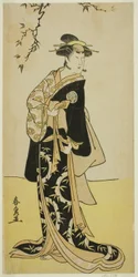 Herec Yamashita Mangiku I jako Lady Yuya (Yuya Gozen) (?) ve hře Heike Hyobanki (?), hrané v divadle Nakamura (?) v sedmém měsíci, 1789 (?)