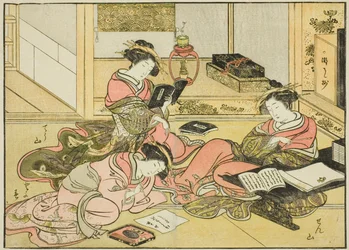 Kurtizány z Chojiya, z knihy "Zrcadlo krásných žen z požitkářských čtvrtí (Seiro bijin awase sugata kagami), sv. 1