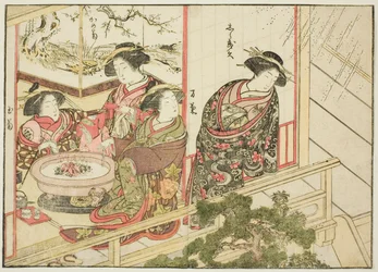 Kurtizány z Kiribishiya, z knihy "Zrcadlo krásných žen z požitkářských čtvrtí (Seiro bijin awase sugata kagami)," sv. 2