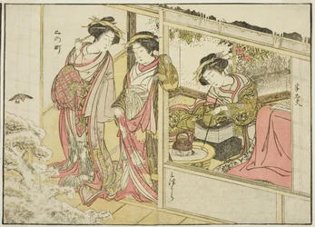Kurtizány z Nakaomiya, z knihy "Zrcadlo krásných žen z požitkářských čtvrtí (Seiro bijin awase sugata kagami), sv. 2