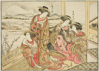 Kurtizány z Obishiya, z knihy "Zrcadlo krásných žen z požitkářských čtvrtí (Seiro bijin awase sugata kagami), sv. 2