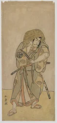 Kabuki herec Nakamura Nakazo I jako samuraj v přestrojení, období Edo, polovina 70. let 18. století (barevný dřevotisk)
