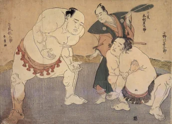 Onagawa Kisaburo a Tanikaze Kajinosuke předvádějí Shiriki v Dohyo, rozhodčí Kimura Shonosuke