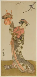 Herec Arashi Hinaji I jako Hananoi ve hře Gosho-zakura Horikawa Youchi, hrál v divadle Ichimura ve čtvrtém měsíci, 1773