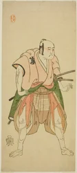 Herec Bando Sampachi I jako Yawata no Saburo (?) ve hře Shuen Soga Omugaeshi (?), hrál v divadle Ichimura (?) ve druhém měsíci, 1768 (?)