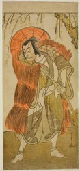Herec Ichikawa Danjuro V jako Akushichibyoe Kagekiyo převlečený za žebráka, ve hře Tsukisenu Haru Hagoromo Soga, hrál v divadle Ichimura ve třetím měsíci, 1777