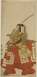 Herec Ichikawa Danjuro V jako Arakawa Taro ve hře Date Nishiki Tsui no Yumitori, hrál v divadle Morita v jedenáctém měsíci, 1778