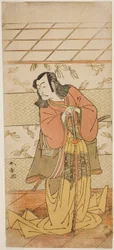 Herec Ichikawa Danjuro V jako Ashiya Doman ve hře Kikyo-zome Onna Urakata, hrál v divadle Morita v sedmém měsíci, 1776
