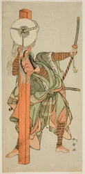 Herec Ichikawa Danjuro V jako Atomi no Ichii ve hře Miya-bashira Iwao no Butai, hrál v divadle Morita v sedmém měsíci, 1773