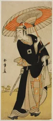 Herec Ichikawa Danjuro V jako Hanakapado no Sukeroku ve hře Nanakusa Yosooi Soga, uvedené v divadle Nakamura v pátém měsíci,