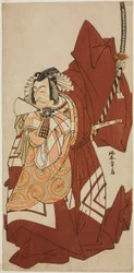 Herec Ichikawa Danjuro V jako Hannya no Goro ve hře Sugata no Hana Yuki no Kuronushi, hrál v divadle Nakamura v jedenáctém měsíci, 1776